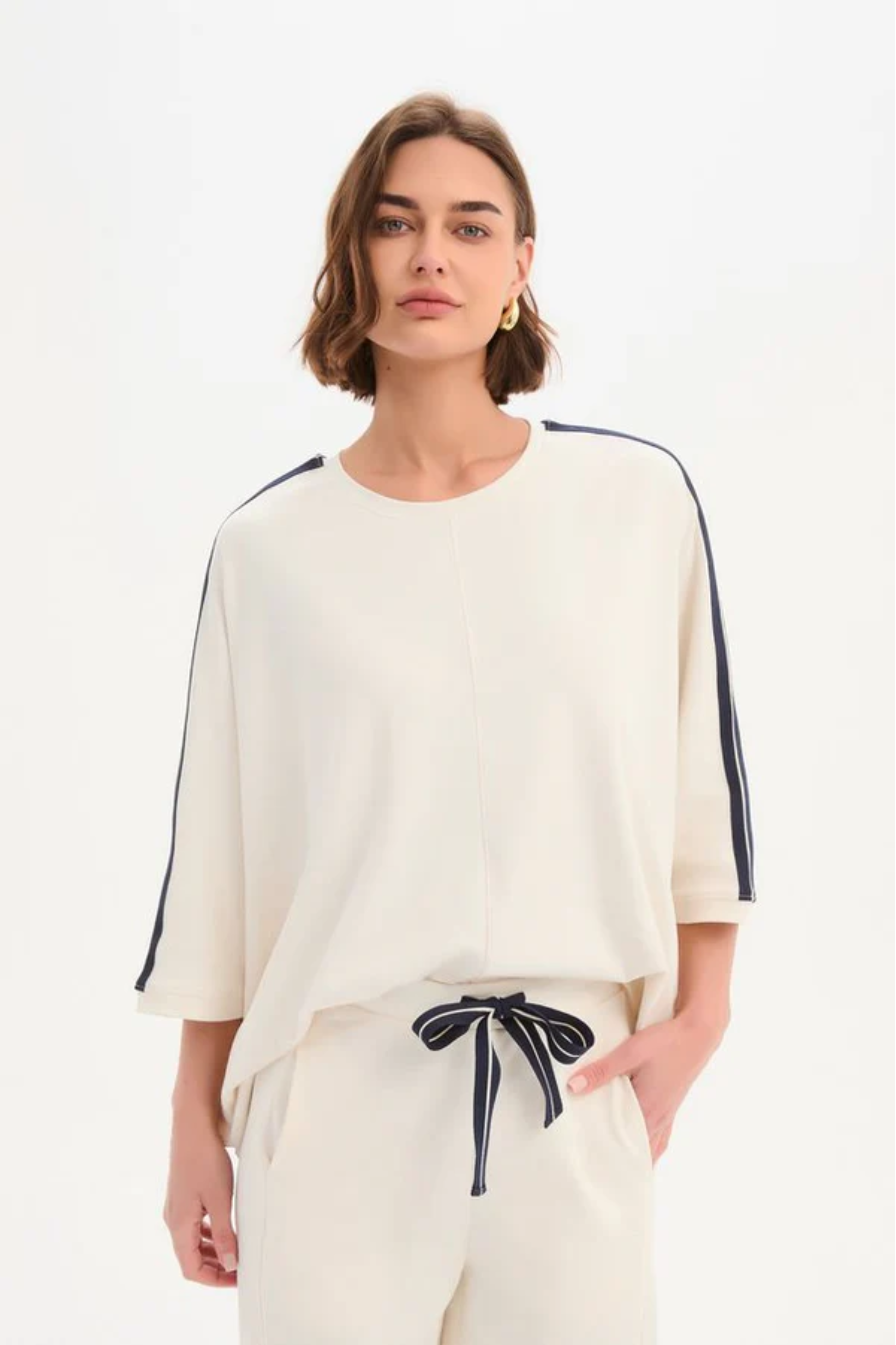 Oversized 3/4 Stripe Sleeve Tee - Cream/Navy