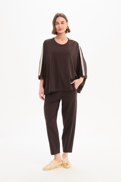 Oversized 3/4 Stripe Sleeve Tee - Choc/Cream