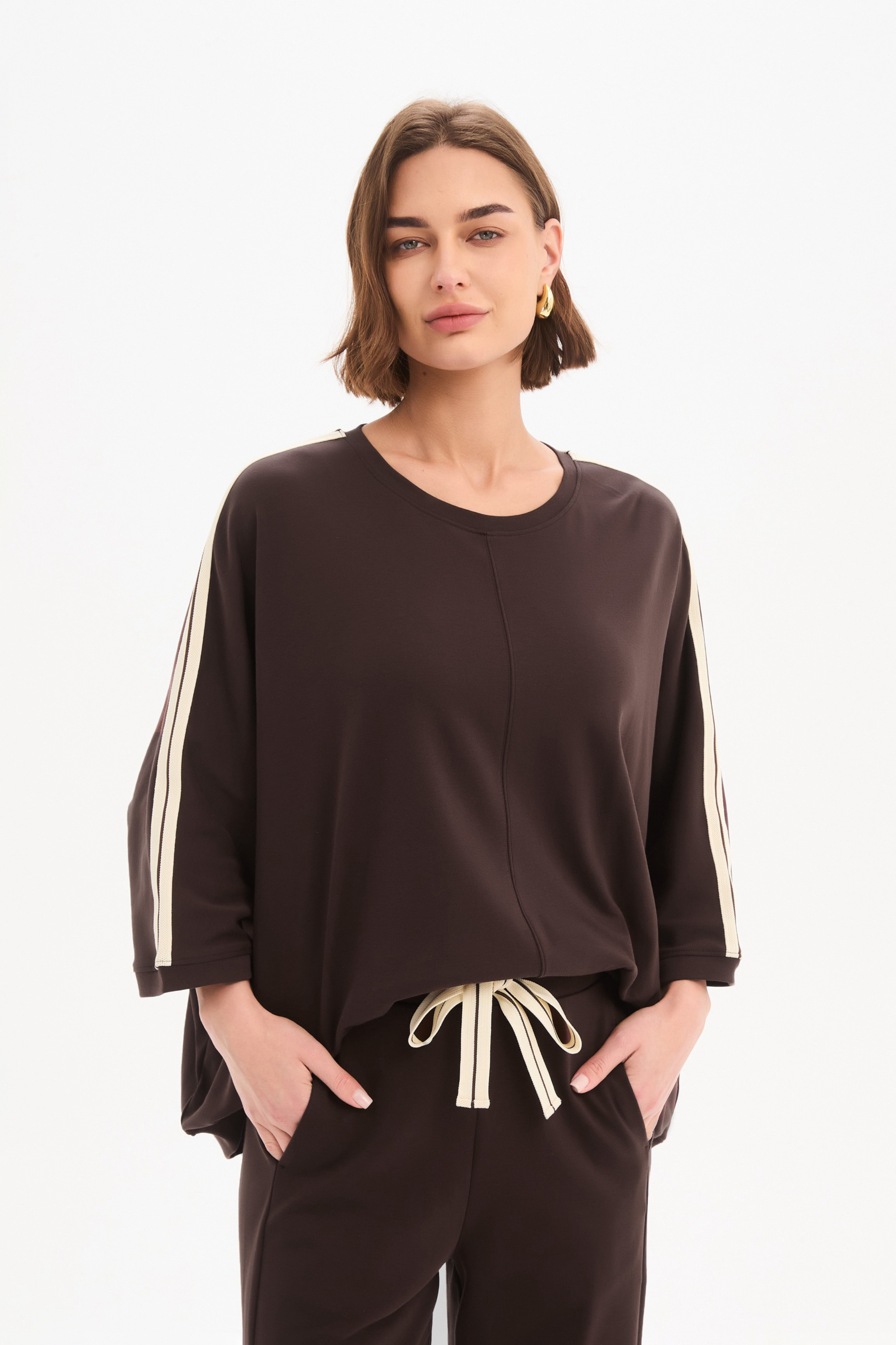 Oversized 3/4 Stripe Sleeve Tee - Choc/Cream