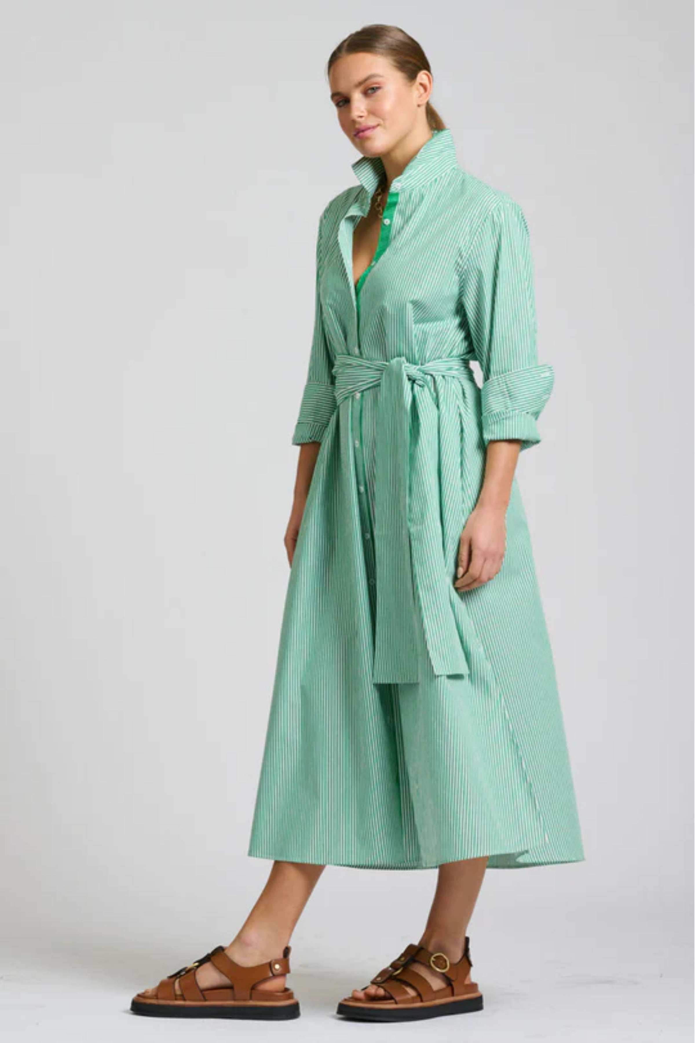 Pippa Oversized Long Line Shirt Dress - Green Stripe