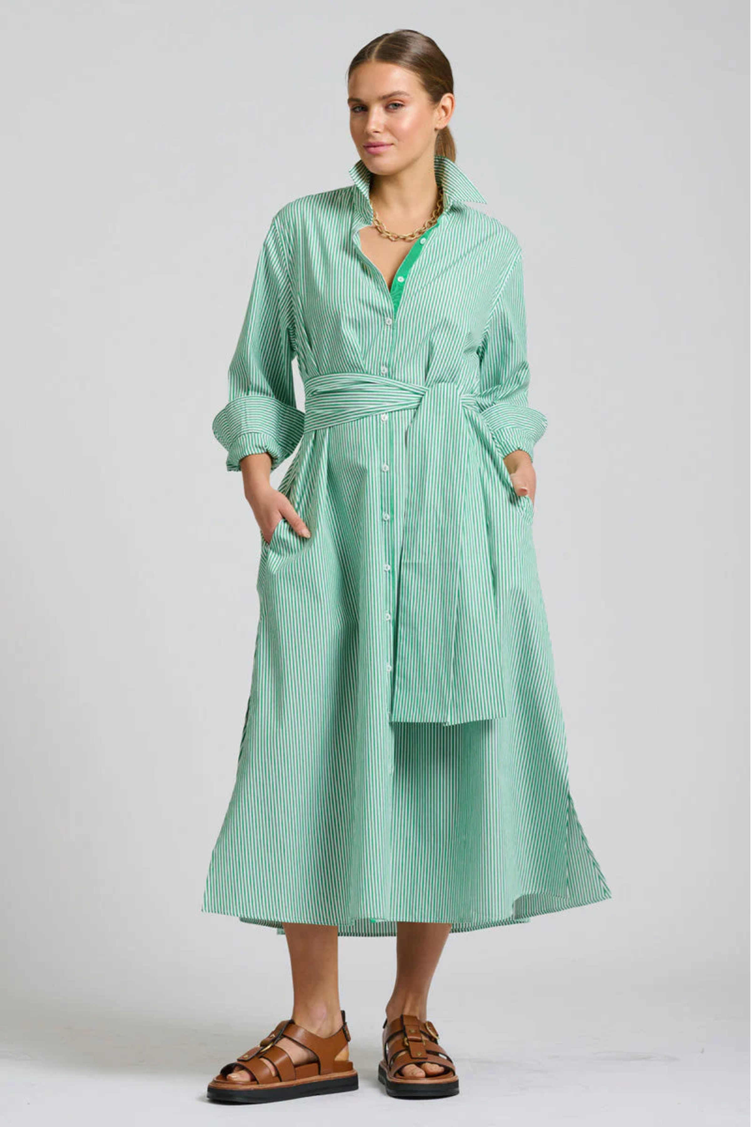 Pippa Oversized Long Line Shirt Dress - Green Stripe