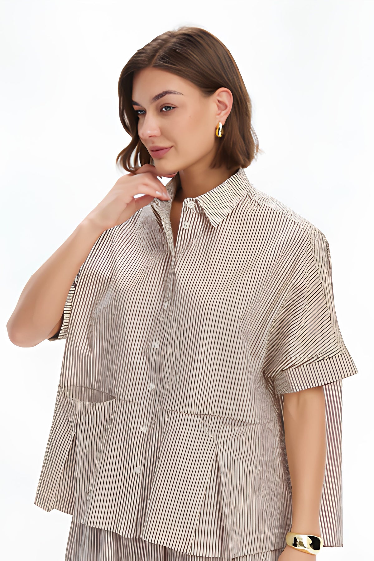 Pleat Pocket Stripe Shirt - Chocolate