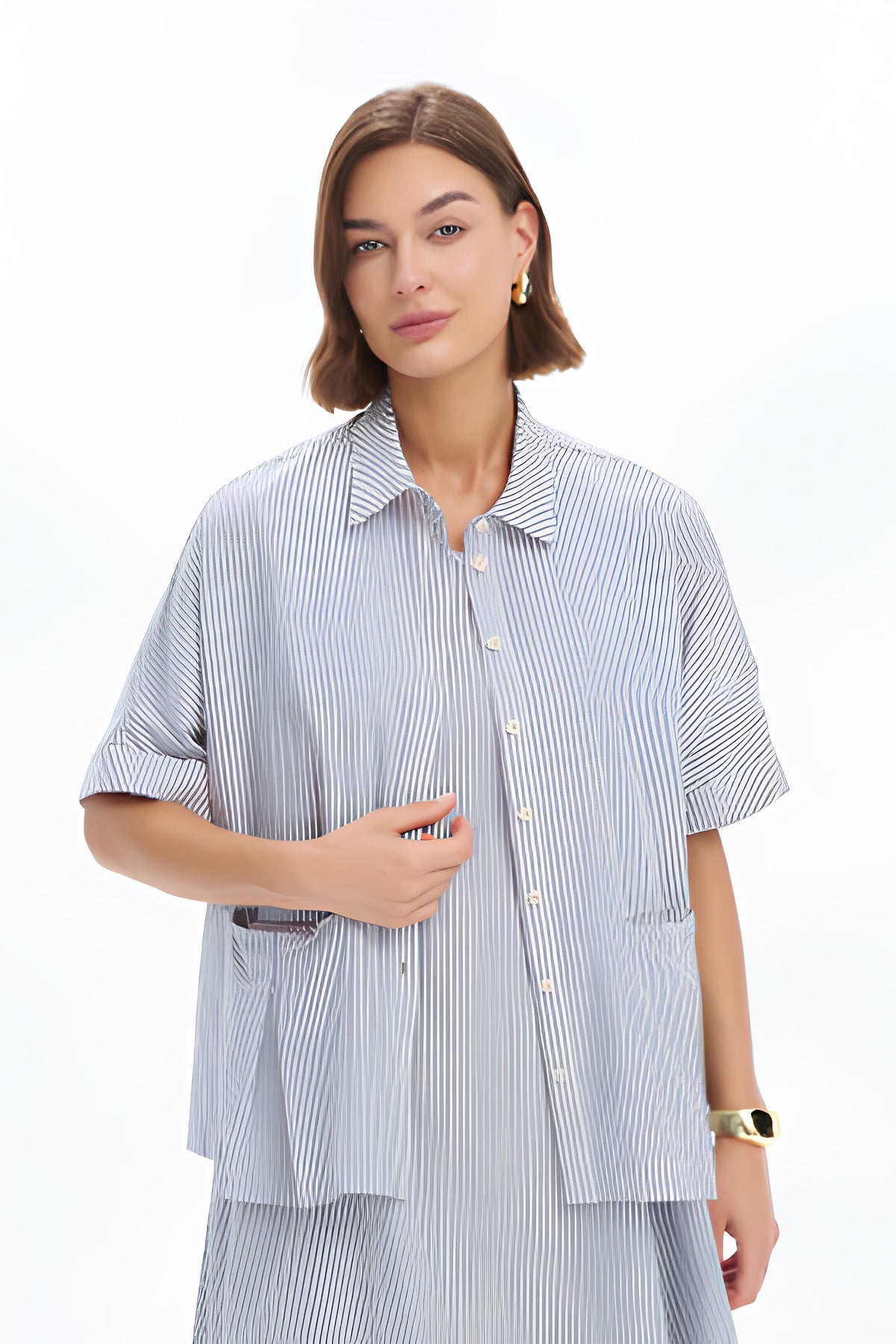 Pleat Pocket Stripe Shirt - Coastal Blue
