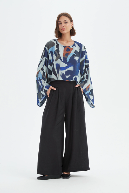 Print Oversize Layer Top - Blue Abstract