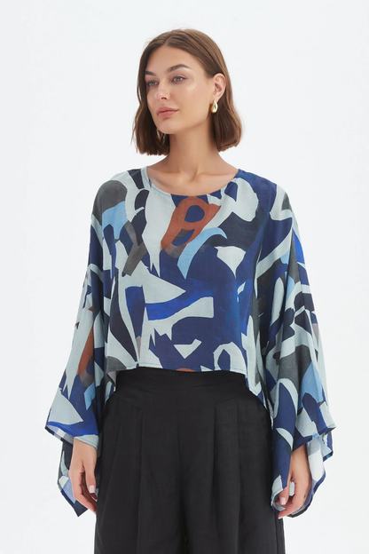 Print Oversize Layer Top - Blue Abstract