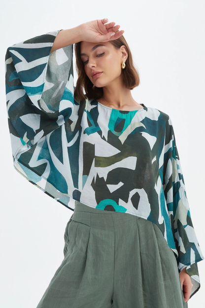 Print Oversize Layer Top - Petrol Abstract