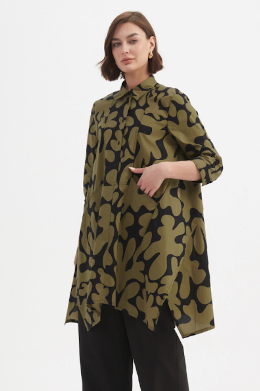 Handkerchief Hem Print Shirt - Moss/Black