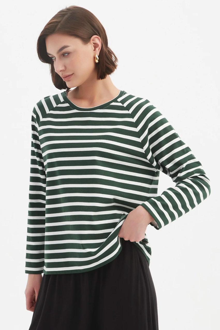 Stripe L/S Weekend Tshirt - Green/White