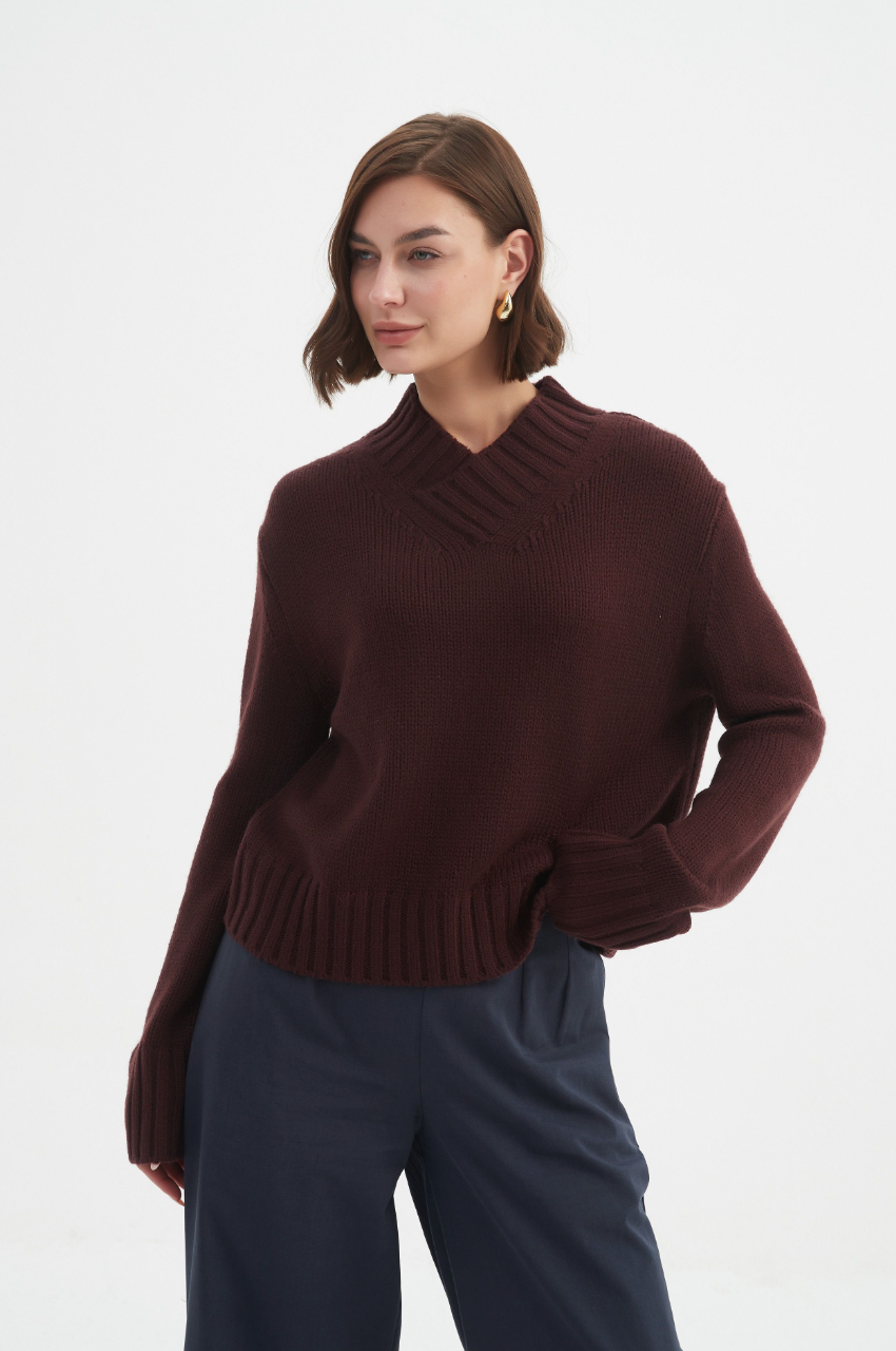 Crossover Collar Knit - Aubergine