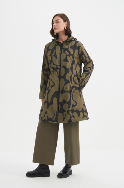 Adjustable Waist Print Parka - Moss/Blk Blot Print