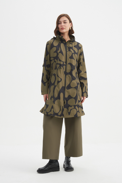Adjustable Waist Print Parka - Moss/Blk Blot Print