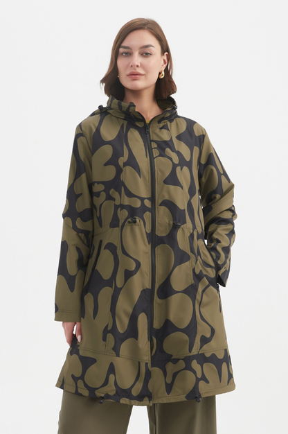 Adjustable Waist Print Parka - Moss/Blk Blot Print