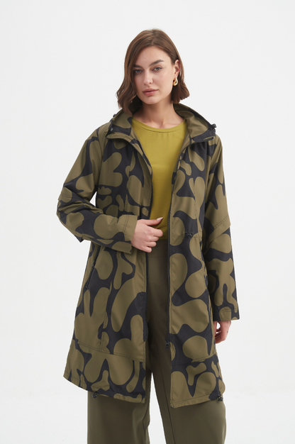 Adjustable Waist Print Parka - Moss/Blk Blot Print