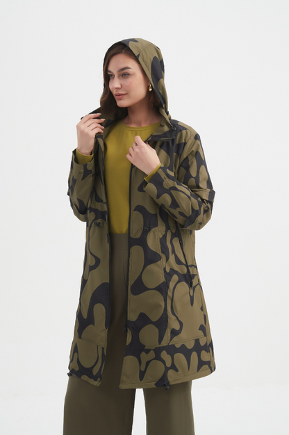 Adjustable Waist Print Parka - Moss/Blk Blot Print