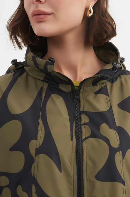 Adjustable Waist Print Parka - Moss/Blk Blot Print