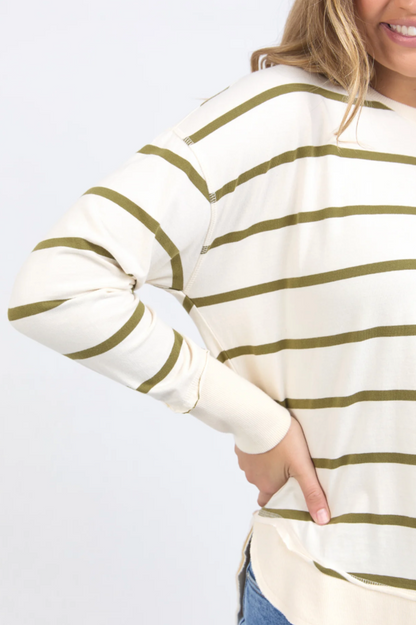 Foxwood Farrah Stripe L/S - Vintage White/Olive