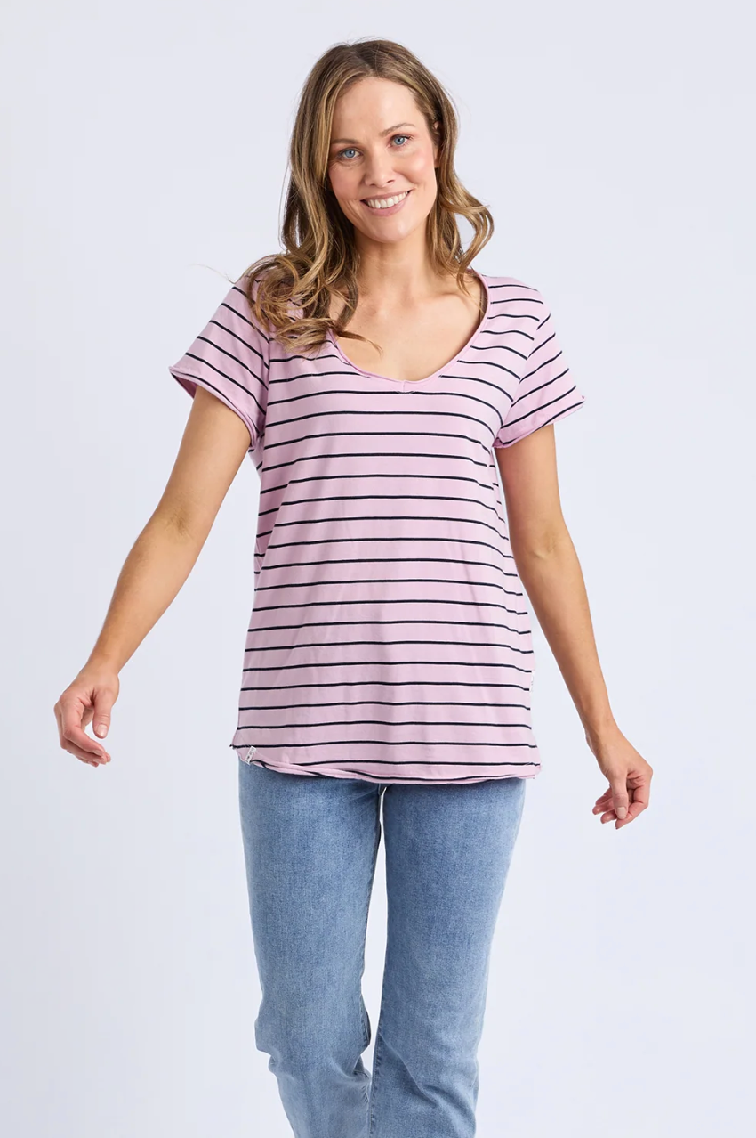 Elm Pima Vee Tee - Pink/Navy Stripe
