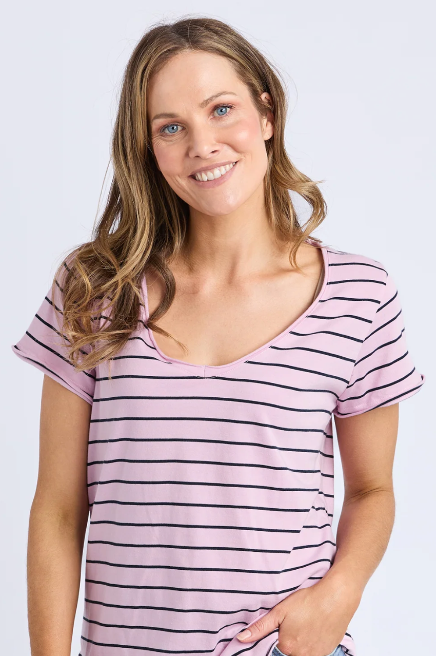 Elm Pima Vee Tee - Pink/Navy Stripe