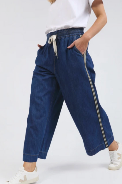 Elm Greta Wide Leg Pant - Side Tape/Dark Blue