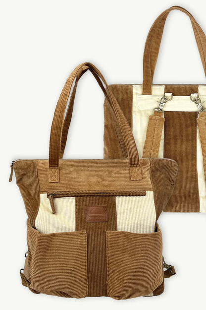 Corduroy Spliced Convertible Backpack - Tan