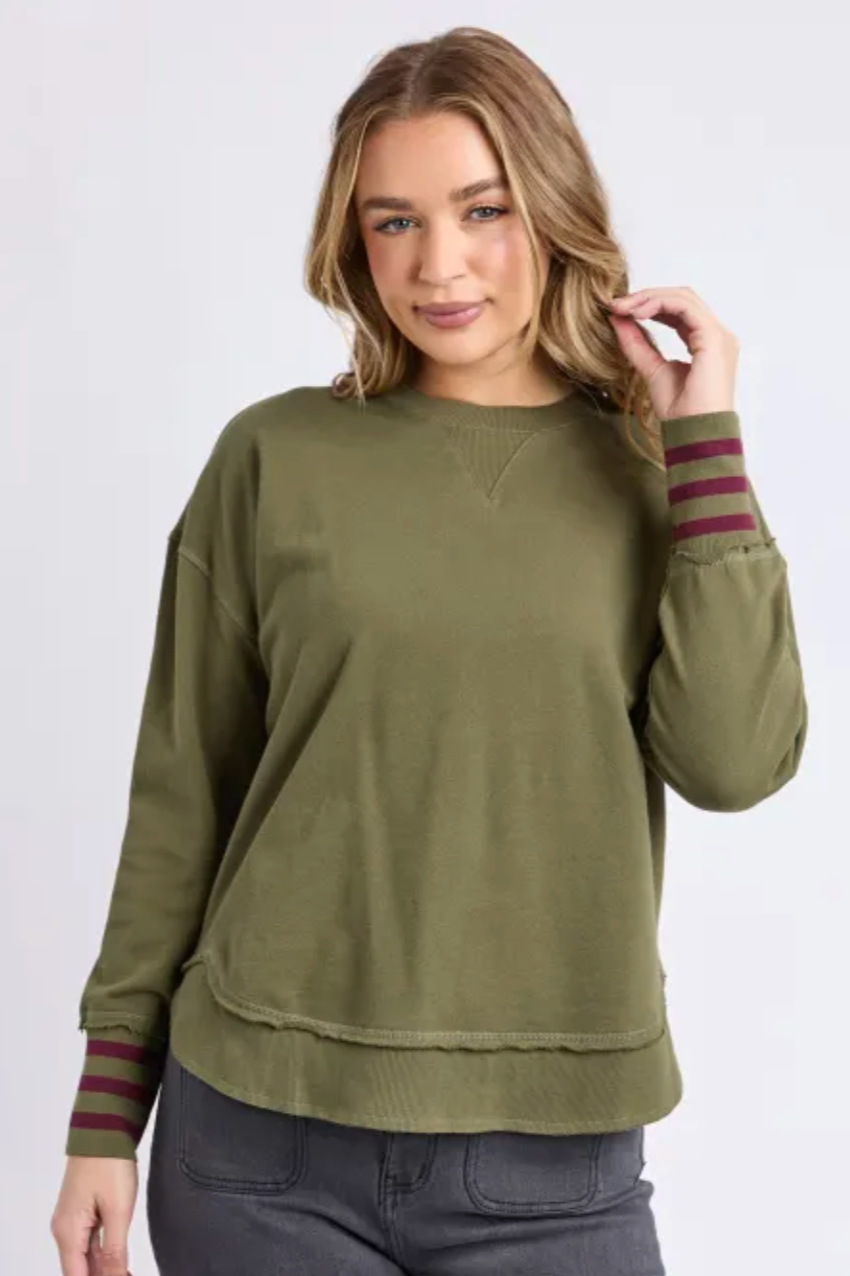 Foxwood Alex Stripe Cuff Crew - Moss