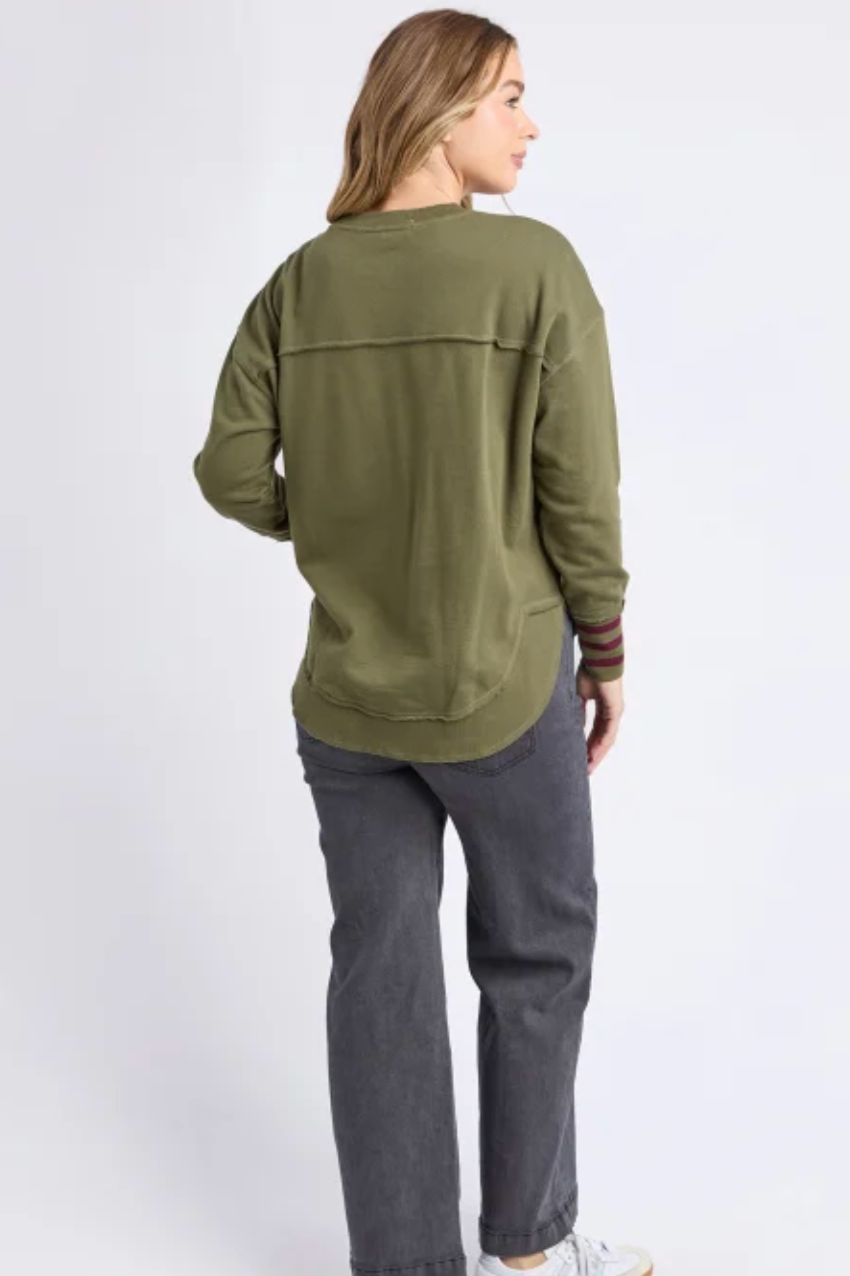 Foxwood Alex Stripe Cuff Crew - Moss