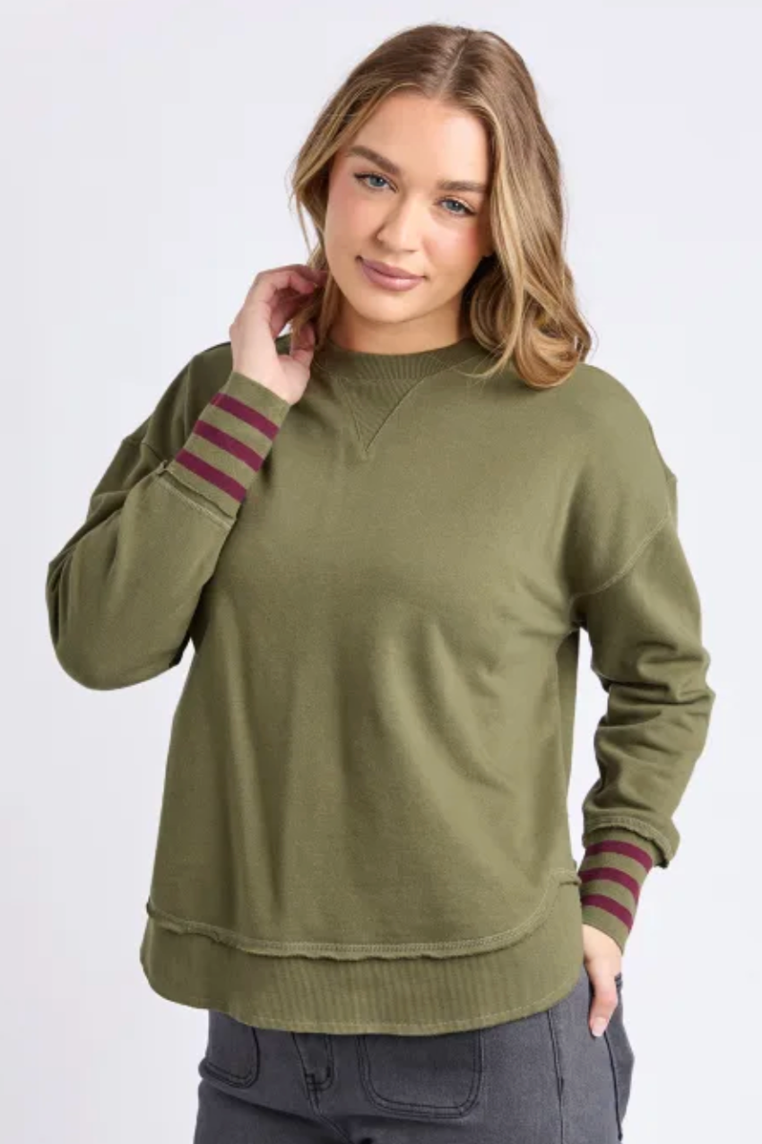 Foxwood Alex Stripe Cuff Crew - Moss