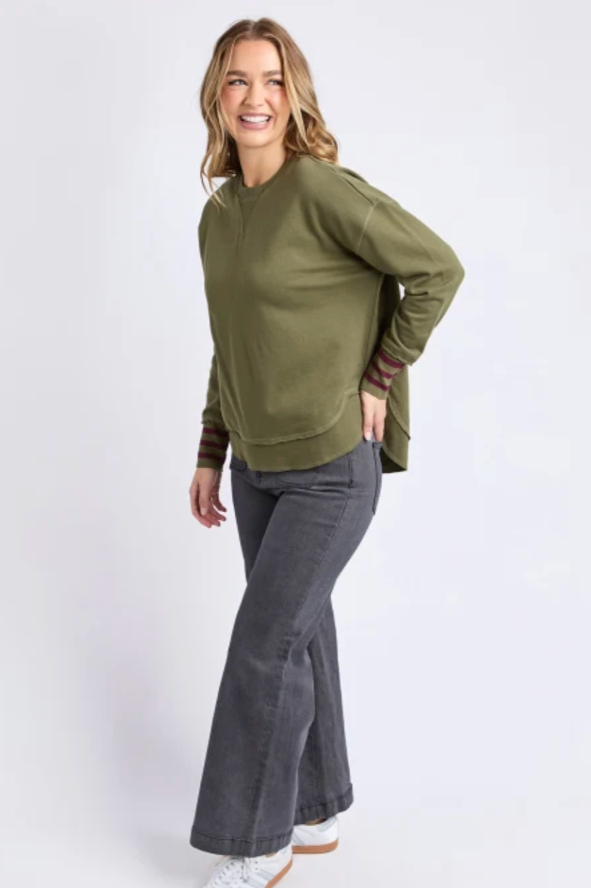 Foxwood Alex Stripe Cuff Crew - Moss