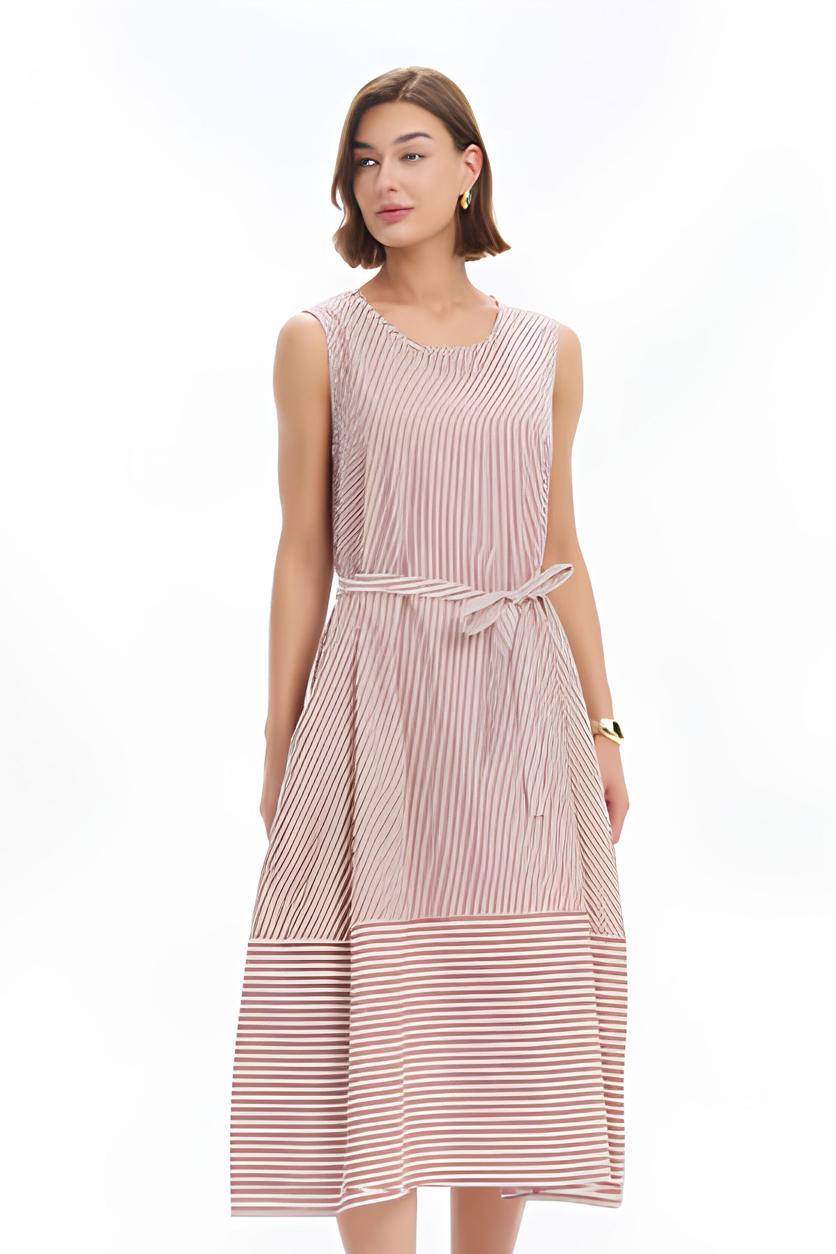 Sleeveless Tie Belt Stripe Dress - Brick