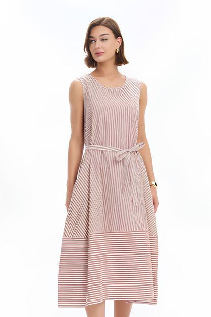 Sleeveless Tie Belt Stripe Dress - Brick