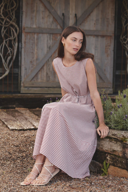 Sleeveless Tie Belt Stripe Dress - Brick
