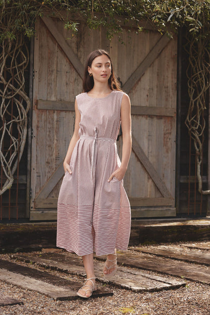 Sleeveless Tie Belt Stripe Dress - Chocolate