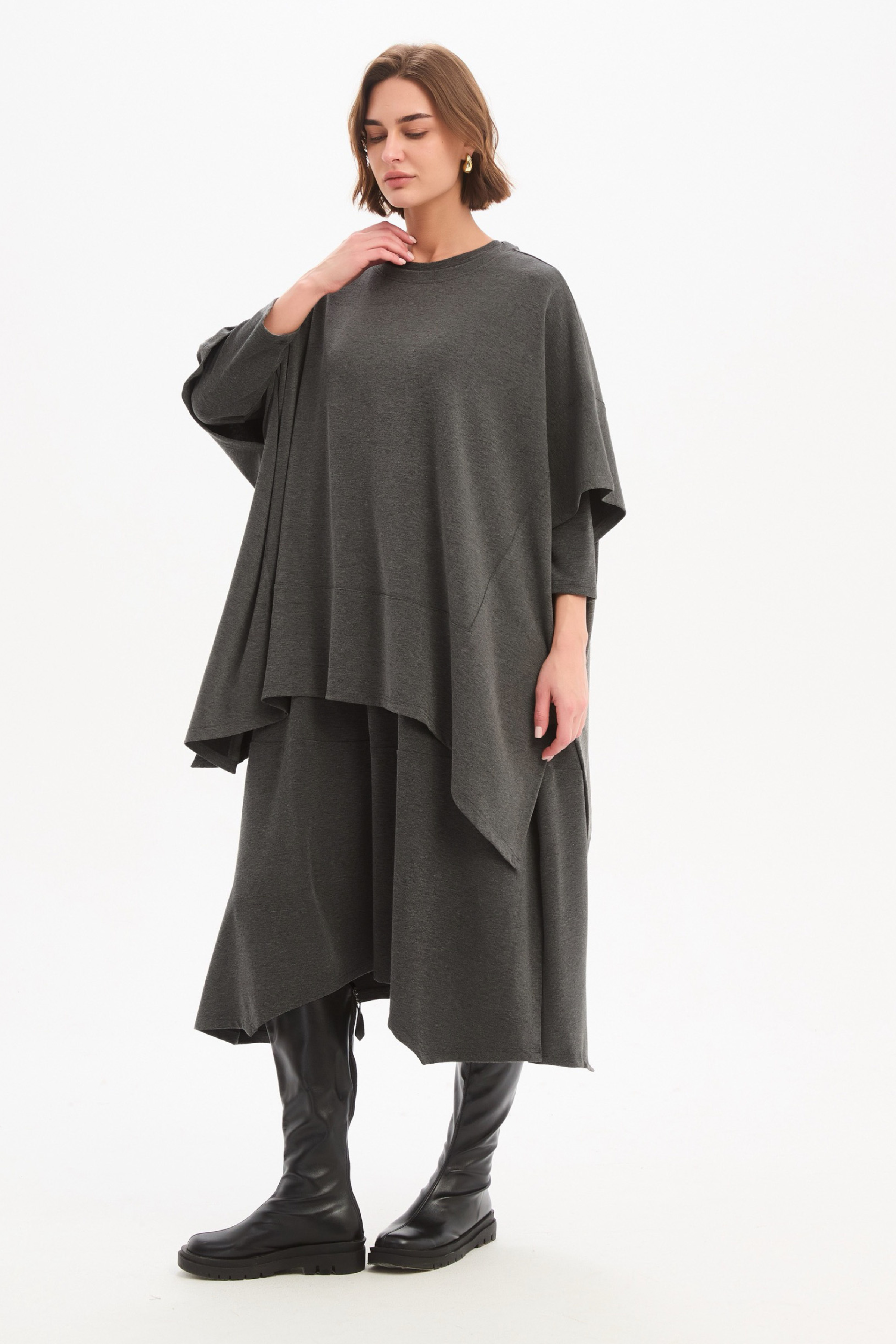 Split Hem Knit Top - Charcoal