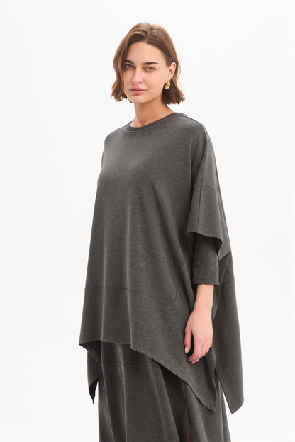 Split Hem Knit Top - Charcoal