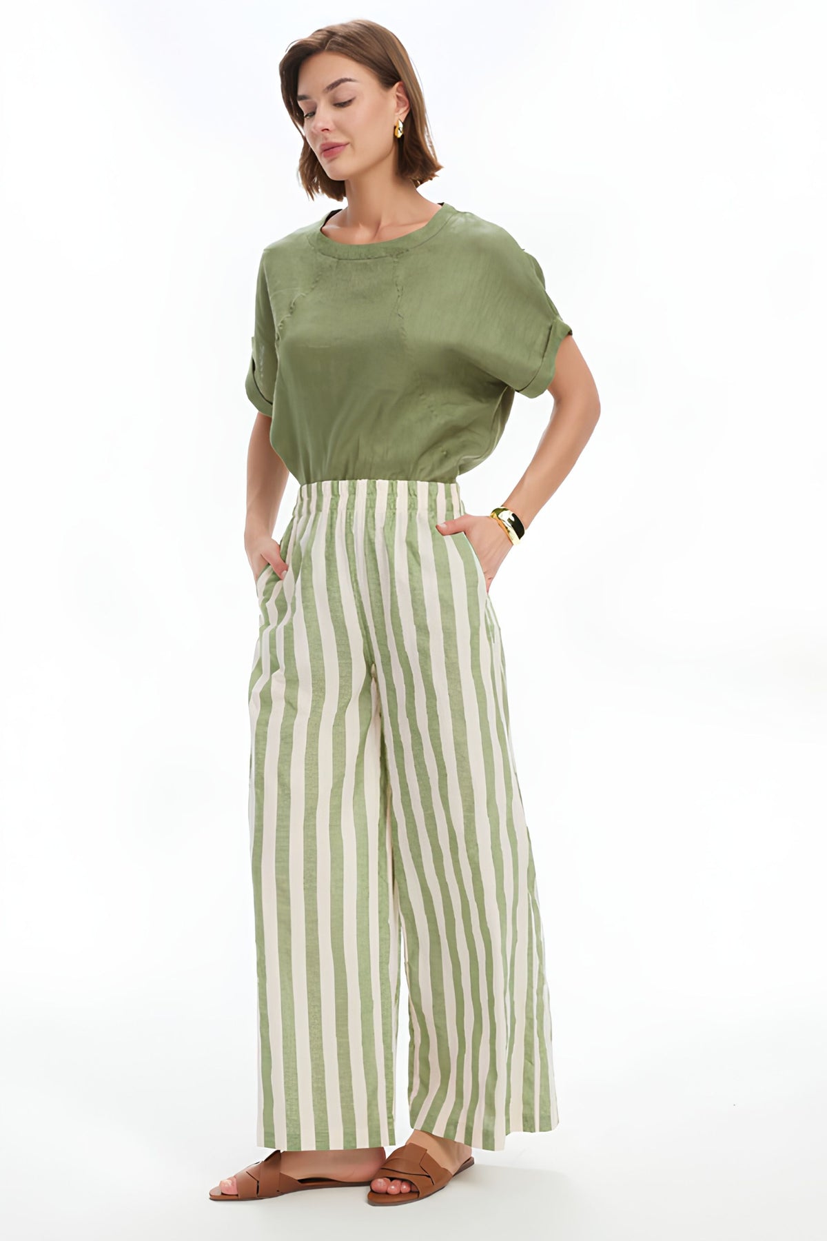 Stripe Palazzo Pant - Olive