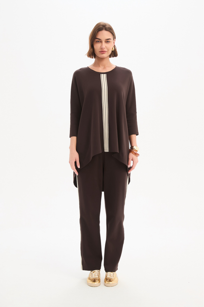 Stripe Front 3/4 Sleeve Tee - Choc/Cream Stripe