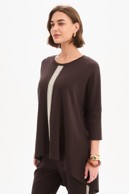 Stripe Front 3/4 Sleeve Tee - Choc/Cream Stripe