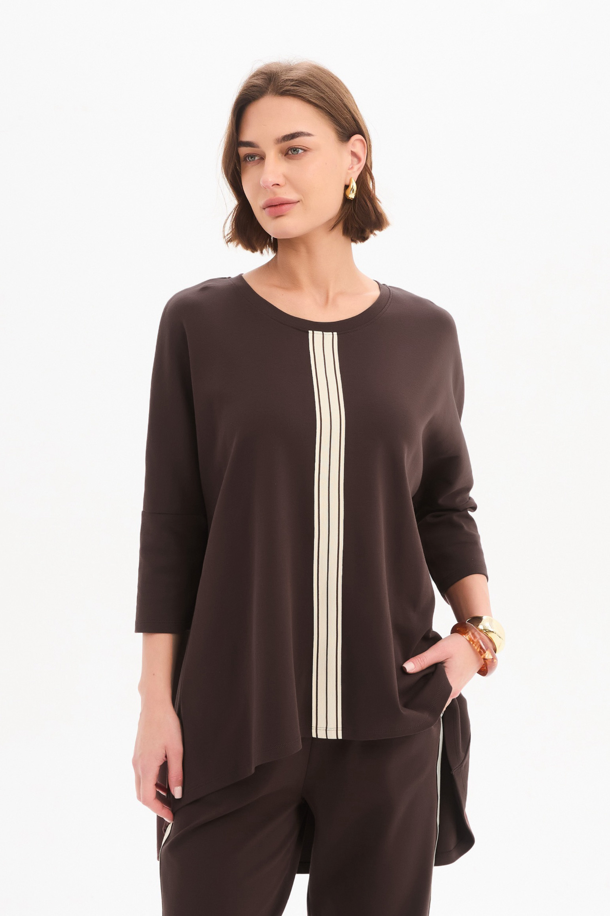 Stripe Front 3/4 Sleeve Tee - Choc/Cream Stripe