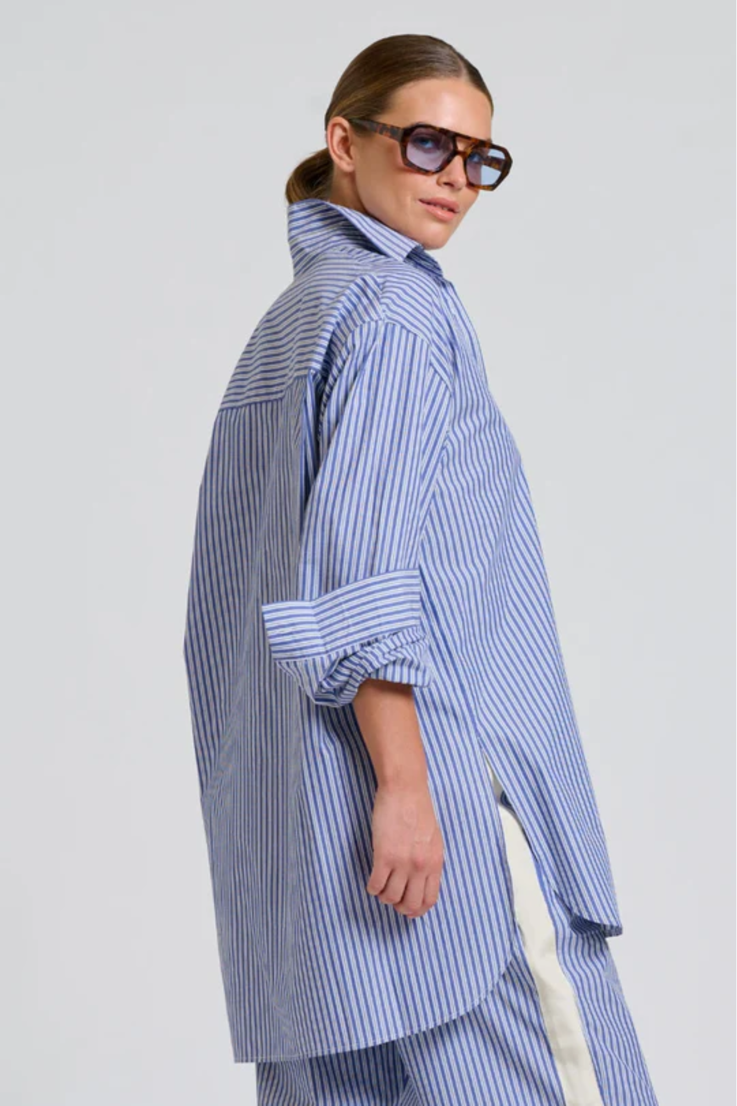The Boyfriend Trim Oversized Shirt - Navy Stripe