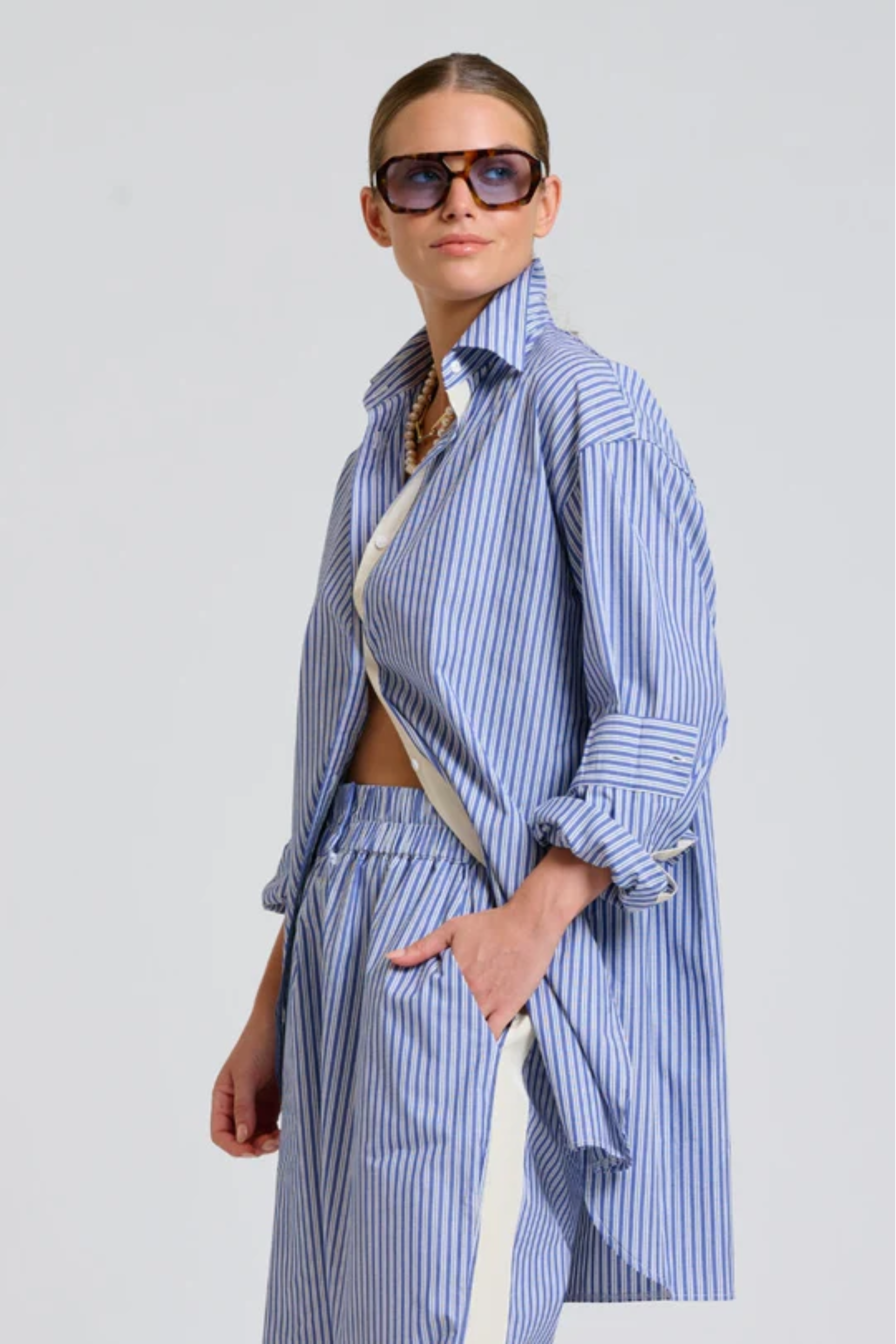 The Boyfriend Trim Oversized Shirt - Navy Stripe