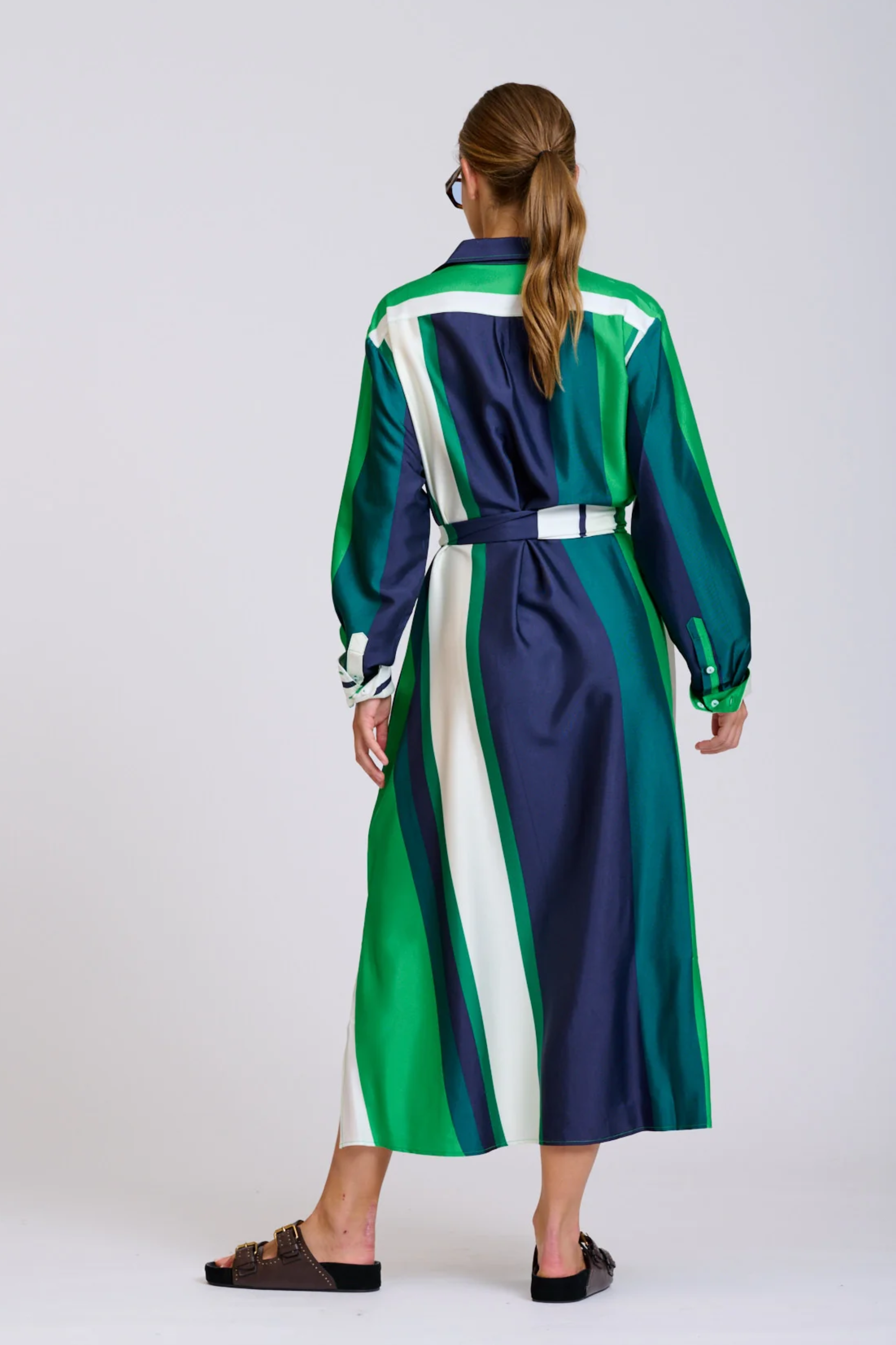 The Luna Longline Shirt Dress - Navy & Green Bold Stripes