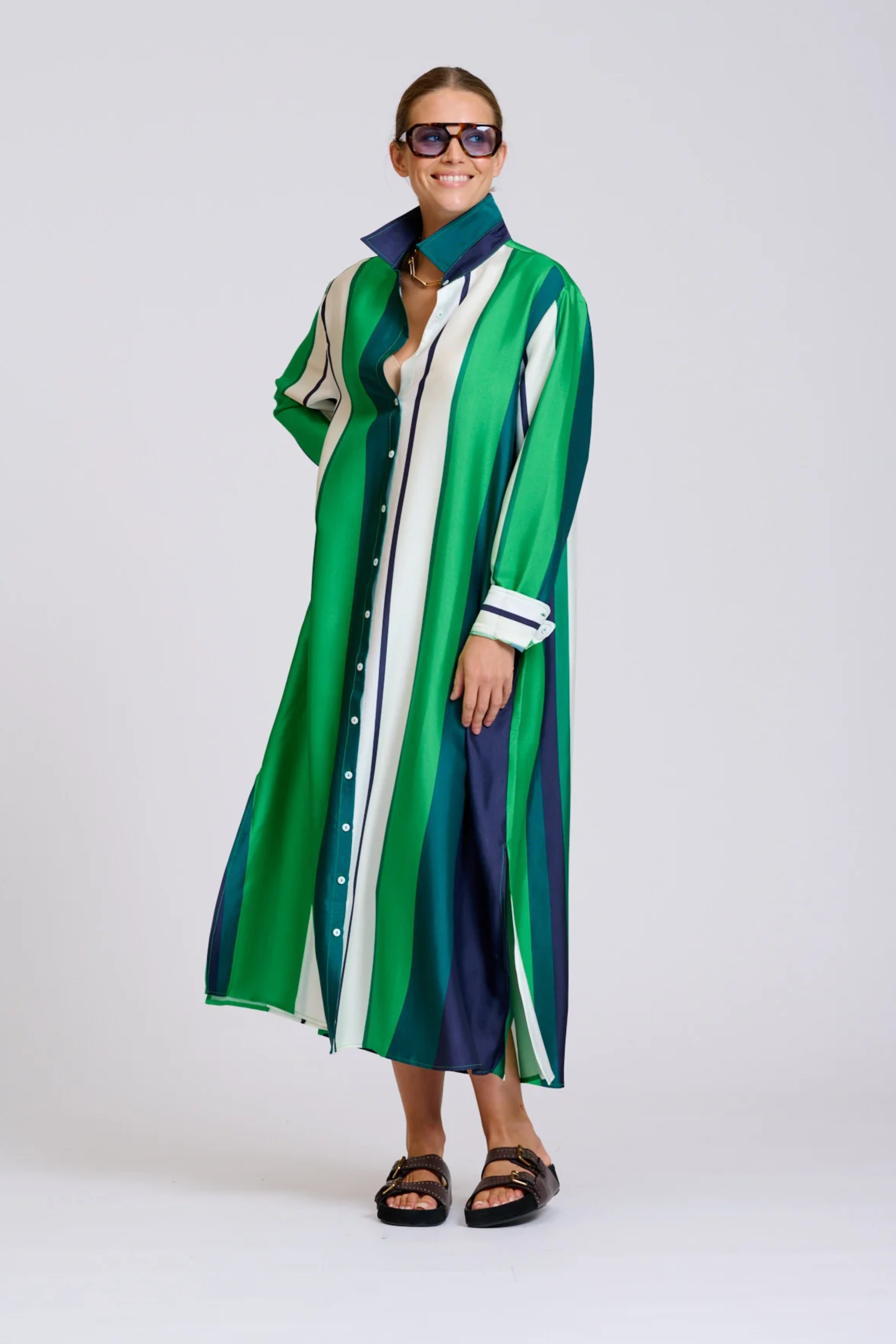 The Luna Longline Shirt Dress - Navy & Green Bold Stripes