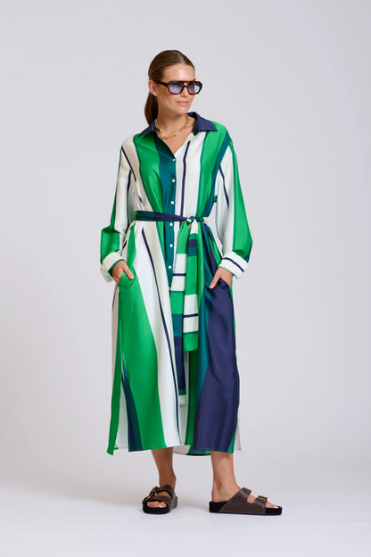 The Luna Longline Shirt Dress - Navy & Green Bold Stripes