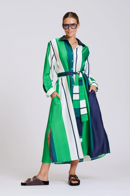 The Luna Longline Shirt Dress - Navy & Green Bold Stripes