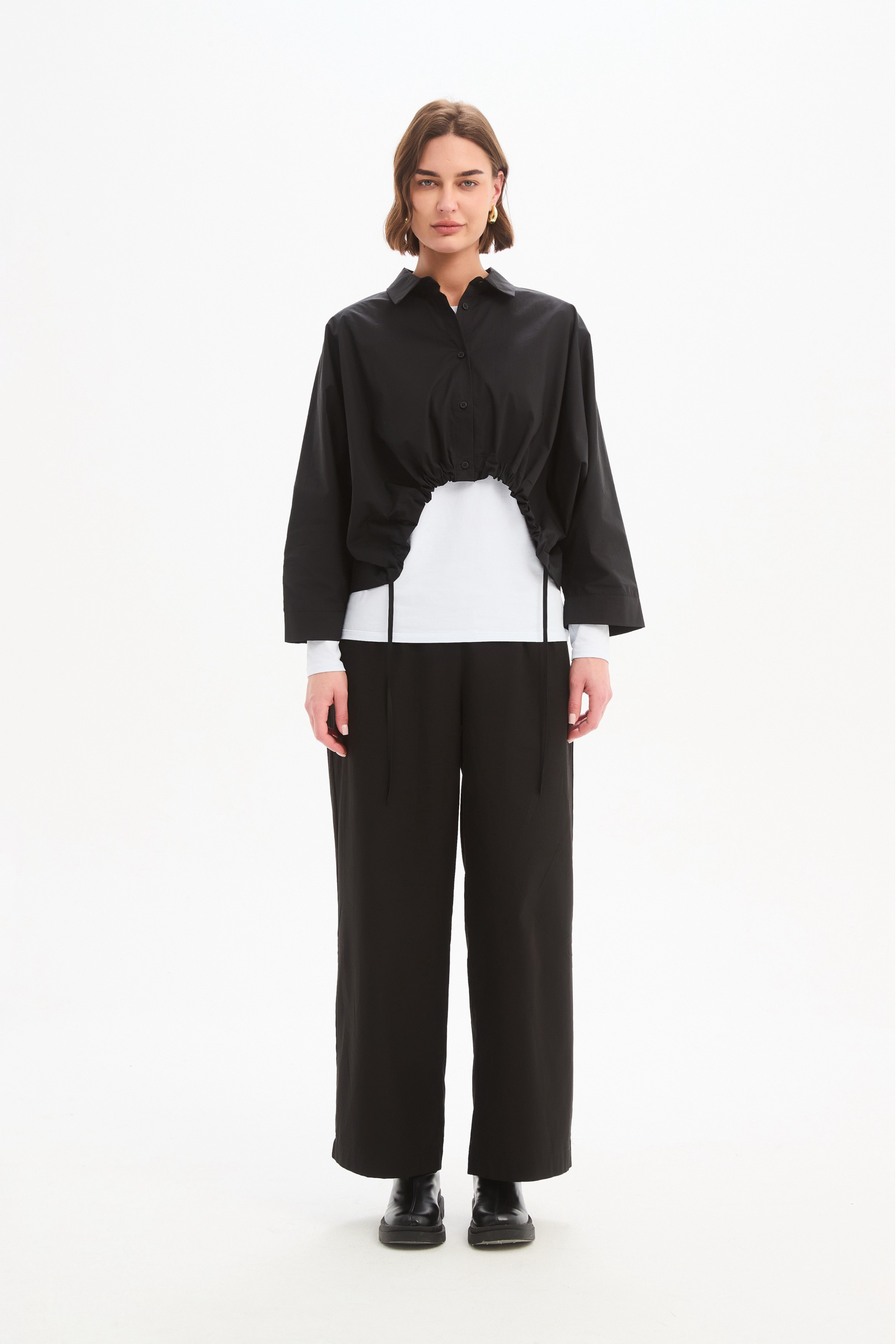 Wide Crop Poplin Overshirt - Black