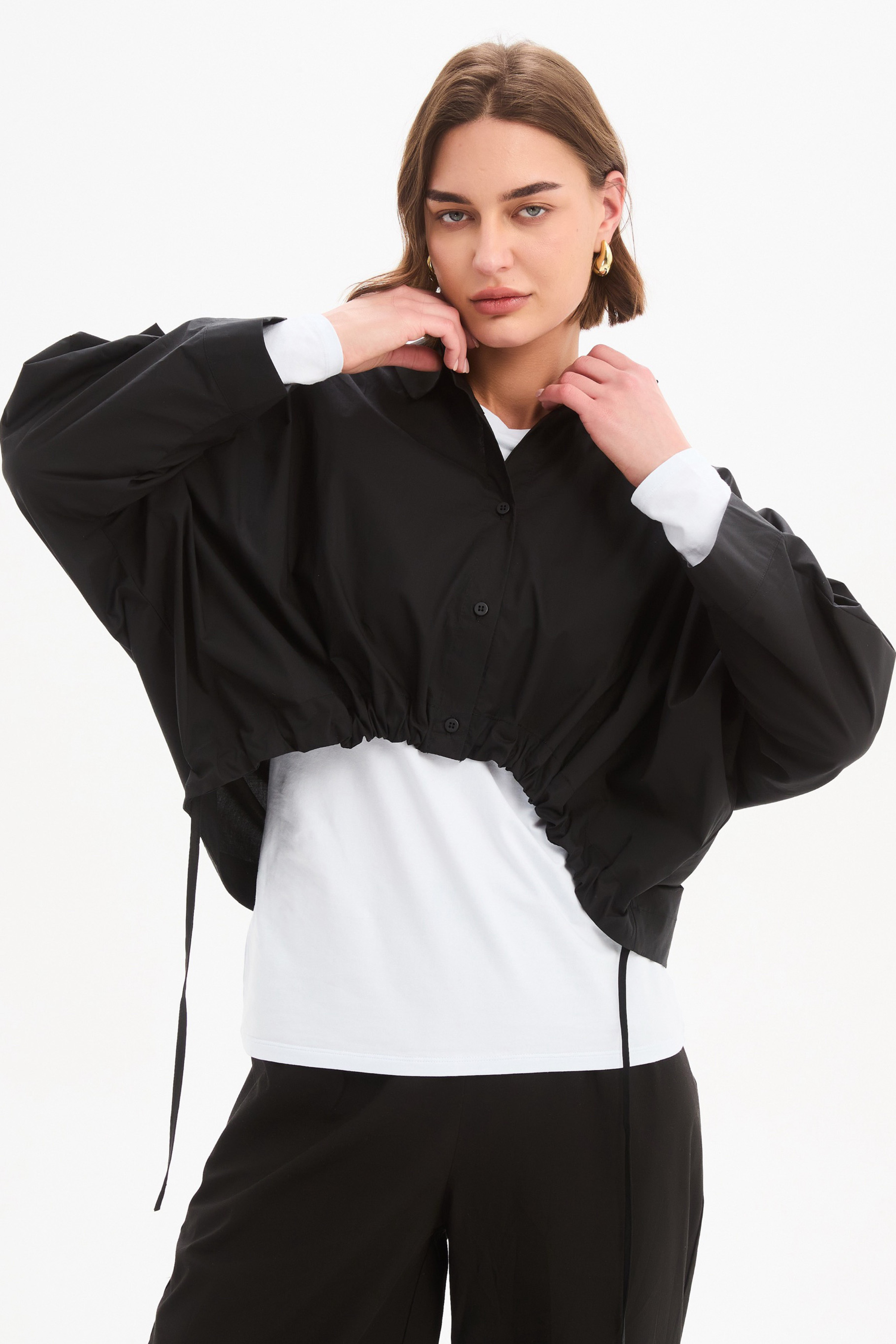 Wide Crop Poplin Overshirt - Black
