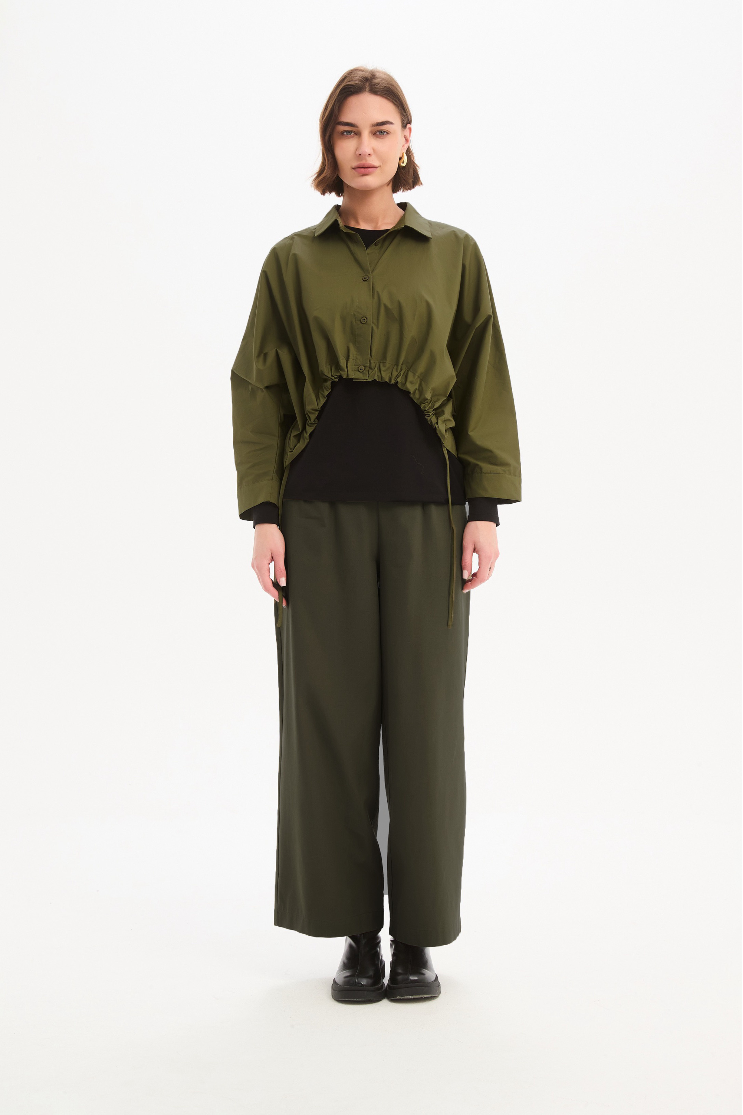 Wide Crop Poplin Overshirt - Khaki