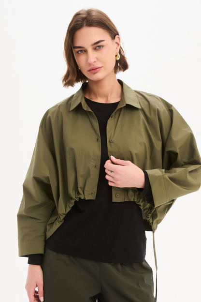 Wide Crop Poplin Overshirt - Khaki