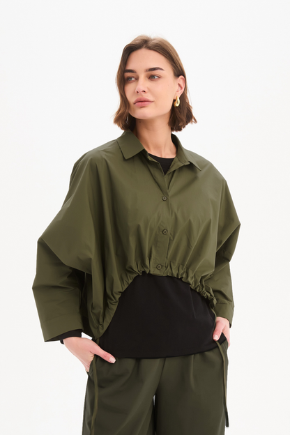 Wide Crop Poplin Overshirt - Khaki