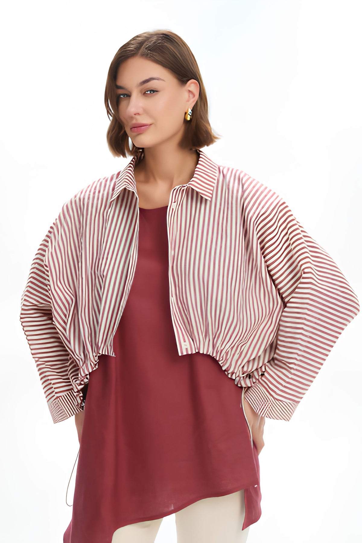 Wide Crop Stripe Overshirt - Brick